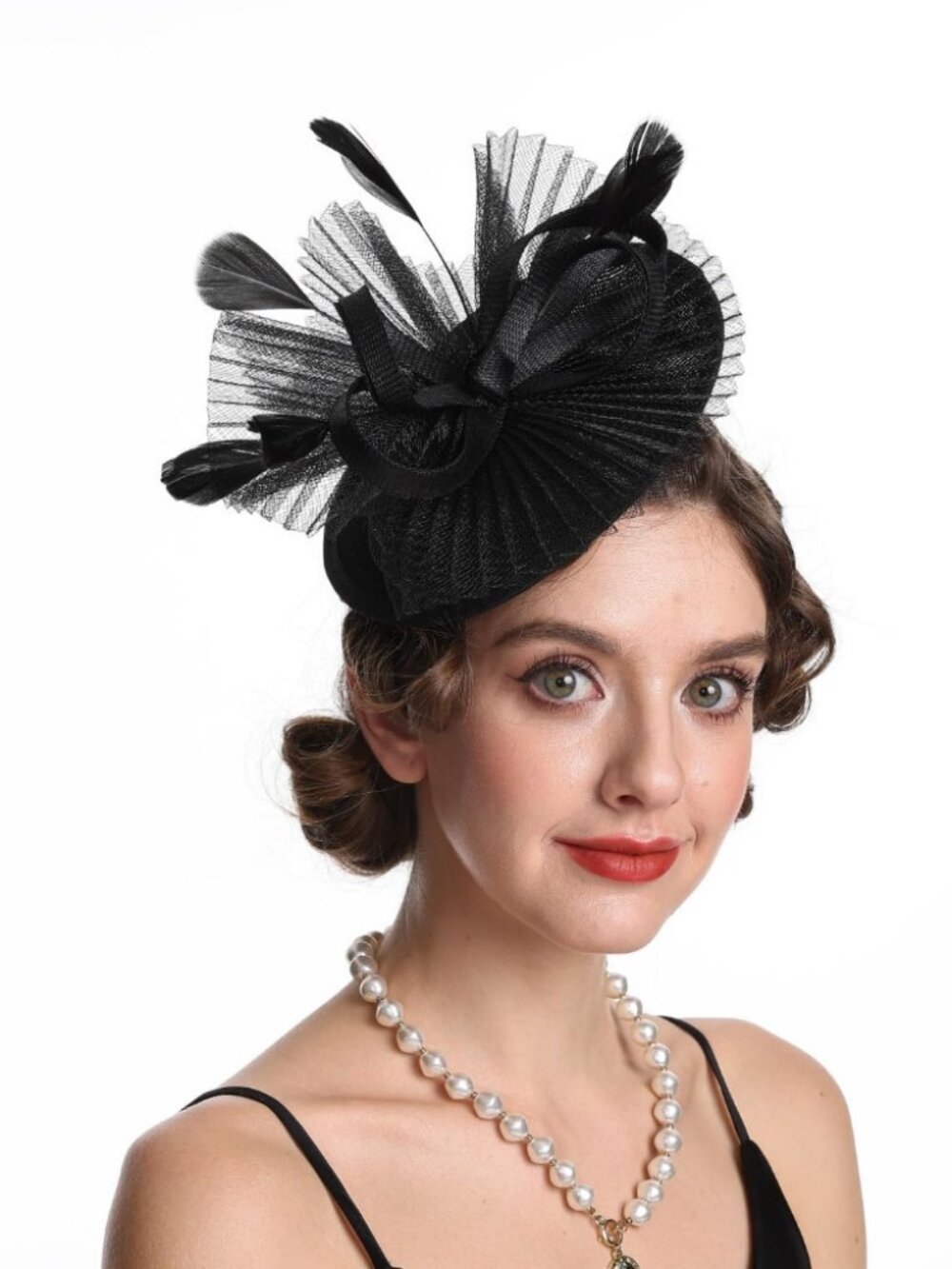 Women Fascinator Hair Clip Feather Flower Wedding Party Hat St24-Black